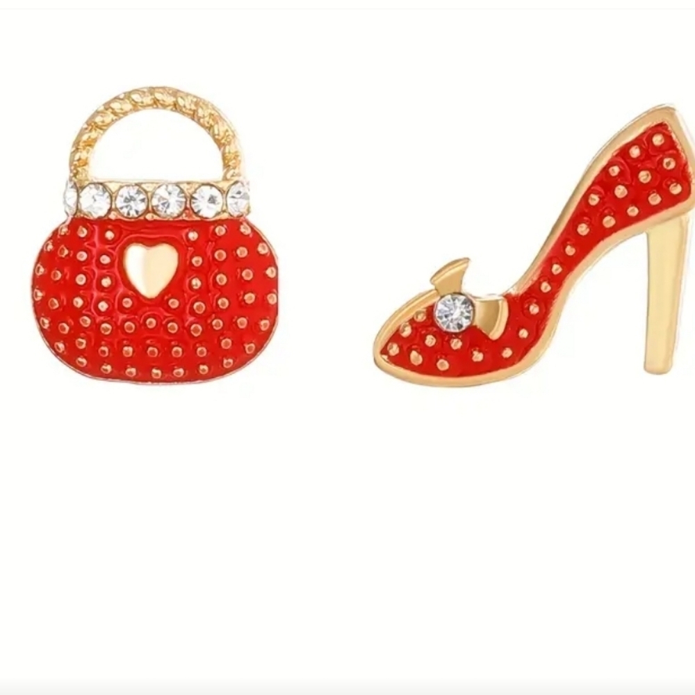 Red Shiny 14K Plated Purse And Heels Alloy Rhinestone Boho Earrings